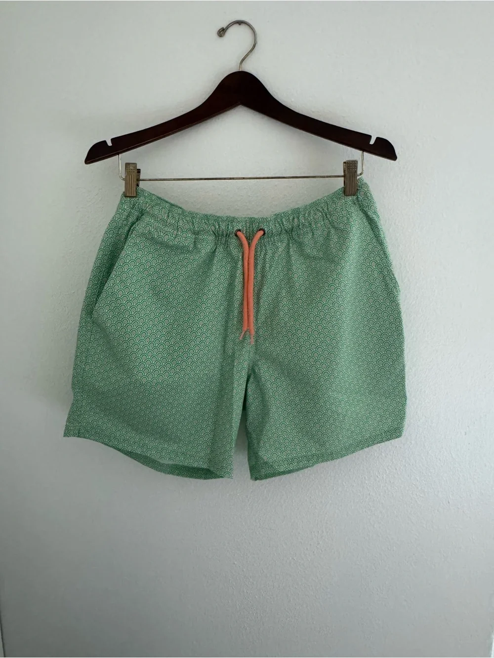 J. Crew Mint Green Scallop Swim Shorts with Coral Drawcord
